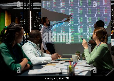 Der Enterprise Manager arbeitet an der Entwicklung von Geschäftsstrategien und -Zielen und untersucht die Marktdynamik und das Kundenfeedback, das auf der Projektionstafel dargestellt wird. Team, das an einer Entwicklungsbesprechung teilnimmt. Stockfoto