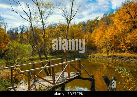 Eine Holzbrücke überspannt einen kleinen Teich in einem Wald. Das Wasser ist ruhig und die Bäume sind in voller Herbstfarbe. Die Szene ist friedlich und ruhig Stockfoto