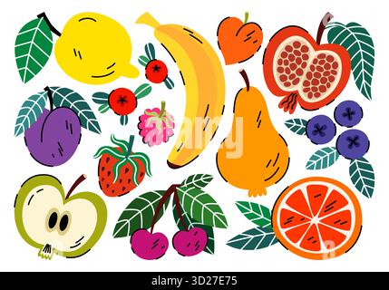 Niedliche Zeichentricksammlung mit Früchten, Beeren-Aufklebern. Lineare Abbildungen. Orange, Zitrone, Granatapfel, Banane, Heidelbeere, himbeere, Erdbeere usw. Stockfoto