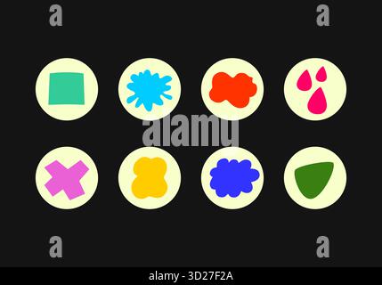 Farbenfrohe Set von Highlight Covers. Abstrahieren Sie verschiedene Formen, geometrische Formen, Kreise, einfache Objekte, Kritzeleien. Runde Symbole für Geschichten aus sozialen Medien. Stockfoto