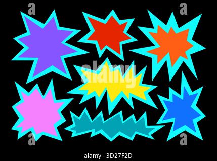 Sprechblasen in Sternenformen im Retro-Cartoon-Stil. Abstrakte Silhouetten, Comic-Wolken, Botschaften, Sterne, grafische Elemente. Funky Aufkleber Set. Stockfoto