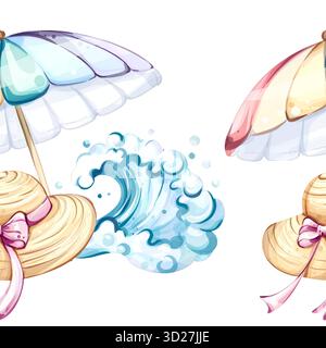 Hintergrundtapete mit nahtlosem Muster und Sommerschirmen, Meereswellen und Strohhüten, ideal für Urlaubsthemen und festliche Anlässe Stock Vektor