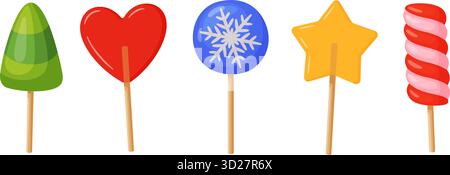 Buntes Weihnachtslutscher-Set. Form von Herz, Baum, Stern und Wirbel. Hand gezeichnete trendige flache Stil Vektorillustration perfekt für Weihnachtskarten, Verpackung, Drucke, Aufkleber und Dekorationen. Stock Vektor