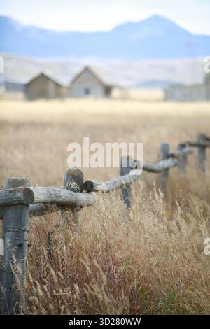 Ein hölzerner Zaun erstreckt sich über ein Feld aus goldenem Gras, mit rustikalen Häusern im Hintergrund vor einer Bergkulisse. Die Szene wird aufgenommen Stockfoto