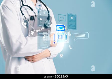 AI Assistant unterstützt Online-medizinische Beratung und Telemedizin, indem künstliche Intelligenz und Analysen verwendet werden, um die Gesundheitsversorgung zu verbessern, Remote zu verbessern Stockfoto