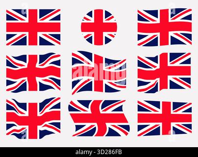 united Kingdom Flag Set Vektor in verschiedenen welligen Kreis Perspektive Stil nationale britische Land Flaggen Stock Vektor