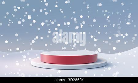 Minimalistisches 3D-Winterszenario rot-weißer zylindrischer Sockel auf schneebedeckter Oberfläche mit fallendem Bokeh-Schnee. Produktpräsentation Mockups für festliches Christma Stock Vektor
