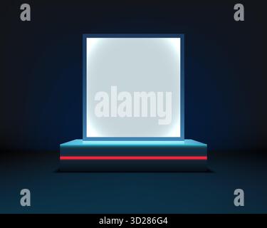 Futuristisches blaues Neondisplay steht auf einem dunklen Podium mit rotem Streifen. 3D-Set in einem dunklen abstrakten Studio, perfekt für die Darstellung moderner Technologie p Stock Vektor