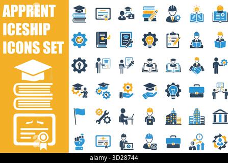 Satz Von Symbolen Für Die Lehrlingsübersicht. Sammlung von Symbolen für Stellensuche, Schulung, Karrieremöglichkeiten und Ausbildung. Stock Vektor