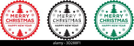 Frohe Weihnachten und Happy New Year Circular Badge Seal Set mit Kiefer und Schneeflocken Vektor Stock Vektor