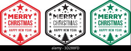 Frohe Weihnachten Happy New Year Hexagon Abzeichen Stempelaufkleber Set in Rot Schwarz und Grün Vektor Stock Vektor