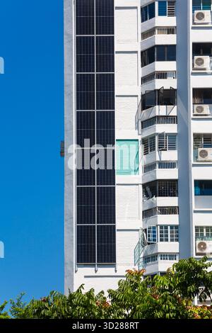 Vertikaler Solarpanel, der an der Außenwand des HDB-Gebäudes installiert ist, in westlicher Richtung positioniert ist, um maximale Lichtabsorption zur Stromversorgung des Wohngebäudes zu gewährleisten. Stockfoto