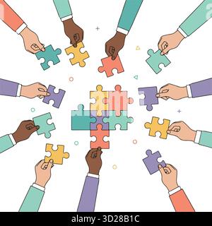 Handgesten mit Puzzleteilen. Vektorillustrationsset für verschiedene Teamwork-, Business Solution- und Verbindungskonzepte Stock Vektor