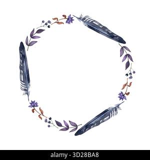Aquarellkranz mit schwarzen Federn, violetten Blättern und Beeren, eleganter gotischer botanischer Rahmen, handgemalte runde Komposition für Halloween Stockfoto