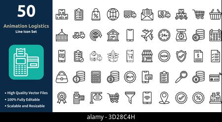 Animation Logistik Symbolsatz im Outline-Stil Minimilist und trendige Symbolgruppe Stock Vektor