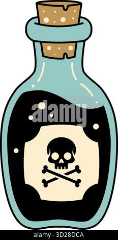 Einzelne Giftflasche im Zeichentrickstil mit einem hellblauen Glaskörper, Korkstopfen und einem auffälligen Etikett mit Schädel und Kreuzknochen auf der schwarzen Flüssigkeit. Perfekt Stock Vektor