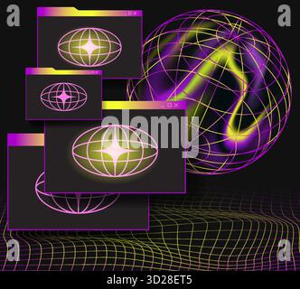 Abstrakte elektrische Y2K-Komposition mit Neonkugeln, Drahtgitterkurven und leuchtenden Sternen im isometrischen Cartoonstil Stock Vektor