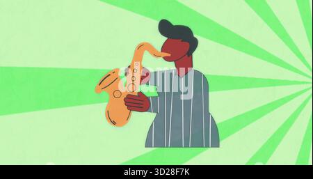 Musiker, der goldenes Saxophon spielt und Jazz improvisiert, vor grünem, radialem Hintergrund Stockfoto