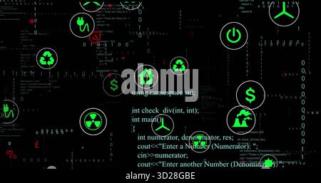 Schwebende grüne Symbole, die Stromwiederverwertung und Steckersymbole auf dunklem Code mit roten Binärströmen anzeigen Stockfoto