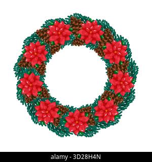 Schöner handgezeichneter Weihnachtskranz mit roten Weihnachtsstern, Tannenzweigen und Kegeln. Perfekt für Weihnachtskarten, Einladungen, Poster und Winter Stock Vektor