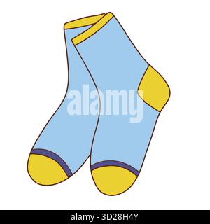 Vektor-Illustration von warmen gestrickten Socken in blau und gelb. Kuschelige und farbenfrohe Winterbekleidung, perfekt für Textildrucke und Modeskizzen Stock Vektor