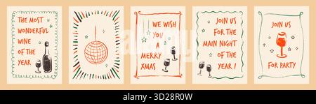 Set mit fröhlichen Weihnachten und Happy New Year Poster, Disco Party Promo, Einladung zum Weihnachtsessen, Restaurant Bar Menü. Buntstift, Holzkohle, Pastell, Penc Stock Vektor