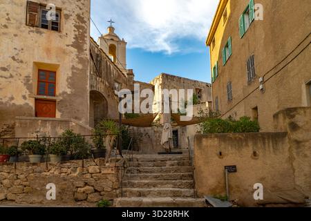 Die Altstadt in der Zitadelle mit der Kirche St-Jean-Baptiste in Calvi, Balagne, Korsika, Frankreich | die Altstadt an der Zitadelle mit der Kathedrale Stockfoto