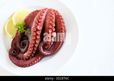 Frisch gekochter Tintenfisch auf einer weißen Platte mit Zitrone und Petersilie isoliert auf weißem Hintergrund. Fisch Und Meeresfrüchte. Gesunde Ernährung. Kopierbereich. Draufsicht. Stockfoto