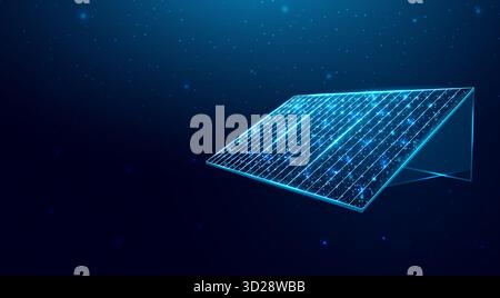 Solarbatterie, Sonnenkollektor. Konzept für erneuerbare Energien mit leuchtendem Poly-Panel auf dunkelblauem Hintergrund. Drahtmodell mit niedrigem Poly-Design Stock Vektor
