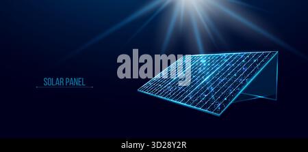 Solarbatterie, Sonnenkollektor. Konzept für erneuerbare Energien mit leuchtendem Poly-Panel auf dunkelblauem Hintergrund. Drahtmodell mit niedrigem Poly-Design Stock Vektor