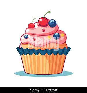 Cartoon Cupcake mit rosa Zuckerguss, Kirschen und Heidelbeeren oben, isoliert Stock Vektor