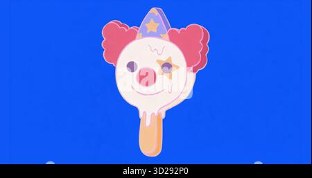 Tropfendes Eis mit Clowngesicht vor blauem Hintergrund, mit Holzstäbchen Stockfoto