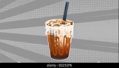 Zeigt Glas mit geschichtetem Eiskaffee, wirbelnde Creme-Eiswürfel, die auf einem grafischen Hintergrund tropfen Stockfoto