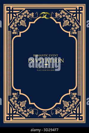 Elegante Vorlage für Hochzeitseinladungen mit Blumenschmuck und goldenen Ringen auf blauem Hintergrund. Handgezeichnete Abbildung Stock Vektor