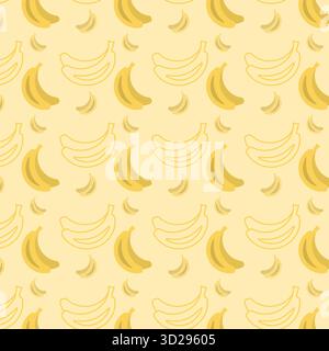 Helle Anordnung von Bananensymbolen in verschiedenen Stilen auf einem fröhlichen gelben Hintergrund. Dieses Muster zeigt ein lustiges und verspieltes Design, das sich perfekt für Projekte mit Fruchtmotiven oder Dekorationen eignet. Stock Vektor