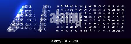 KI-Logo setzt Icons für künstliche Intelligenz auf dunkelblauem Hintergrund für Software Engineering, Cyber Security, menschliche Computer-Interaktion, Daten Stock Vektor