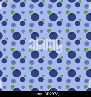 Dieses Muster zeigt eine Reihe von Blaubeeren, die mit grünen Blättern verflochten sind, vor einem leuchtend blauen Hintergrund. Es schafft eine lebendige und frische Ästhetik, die sich perfekt für verschiedene Designs eignet. Stock Vektor