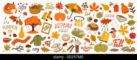 Herbstaufkleber mit gemütlichen saisonalen Elementen wie Kürbissen, Kaffee, Tee und Blättern. Vektor-Illustration mit warmen Farben und niedlichen Herbstvibes Stock Vektor