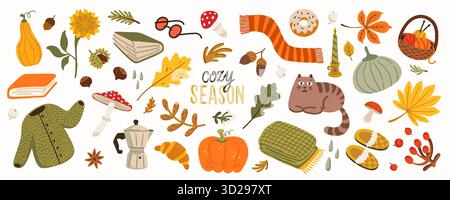 Gemütliches Herbstaufkleber-Set mit Kürbissen, Büchern, Katze, Pullover und Kaffee. Warme jahreszeitliche Vektorillustration in Orange- und Gelbtönen für Ausdrucke Stock Vektor