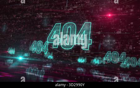 Fehler 404 Seite nicht gefunden. Oops Problemsymbol Digital Concept. Netzwerk, Cybertechnologie und Computerhintergrund abstrakte 3D-Illustration. Stockfoto