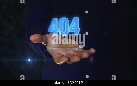 Fehler 404 Seite nicht gefunden Oops Problem 3D-Symbol über Mannhand. Abstrakte Illustration des Konzepts der Cyber-Technologie. Stockfoto