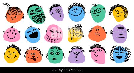 Gesichts-Doodle-Emoji-Set mit Comic-Ausdrücken in hellen Farben. Kritzele fröhliche Gesichter mit einem Lächeln im Stile des Buntstifts. Ideal für Aufkleber, Poster Stock Vektor