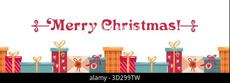 Ein nahtloses Rahmendesign für eine festliche Weihnachtsszene mit zarten Geschenken, ideal für Vektorillustrationen und saubere Seitenlayouts. Stock Vektor