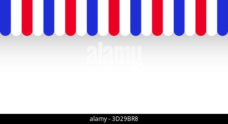 Sonnenschirm anzeigen. Realistisch gestreifte Café-Markise. Marktzelt im Freien. Dachdach in französischen Flaggenfarben. Sommerladen. Vektorabbildung. Stock Vektor