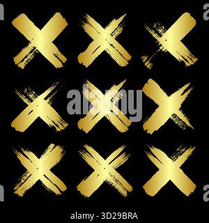Goldene Grunge-Kreuze, Pinselstriche, Linien, Tintenflecken, handgezeichnete Kritzelformen. Handgemachte, skizzenhafte Markierungen, Acrylflecken, Holzkohlestreifen. Farbe Stock Vektor