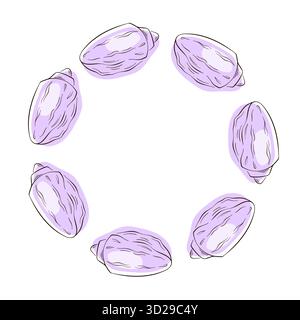 Muschelkranz in flacher Optik. Unterwasser-Sommerdruck, saisonales Element, Urlaub, Strand, Meereslebewesen und Meereslebewesen isoliert auf weißem Hintergrund. Stock Vektor