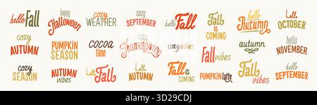 Herbst-Schriftzug-Vektor-Set mit gemütlichen Herbstzitieren und saisonaler Typografie. Handgeschriebene Sätze wie „Hallo Herbst“, „Kürbissaison“ und „Cozy Vibes in warm“ Stock Vektor