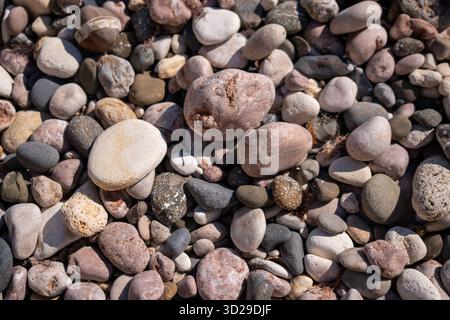 Kieselsteine, Felsen, Strand, glatte, abgerundete Steine, die auf einem sonnigen Strand liegen und einen natürlichen Texturhintergrund schaffen Stockfoto