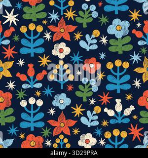 Nahtloses Muster Mit Buntstiften Und Blumenmuster. Helle Kreide Blumen, Beeren und Äste auf schwarzem Hintergrund. Volkskunst Ornament handgefertigt. Strukturierter, Handgezeichneter Doodle Stock Vektor