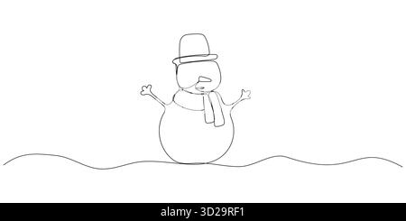 Durchgehende einzeilige Zeichnung von weihnachtsschneemann in Hut mit Schal. Niedlicher Wintercharakter im Doodle-Stil. Illustration des Liner-Vektors Stock Vektor